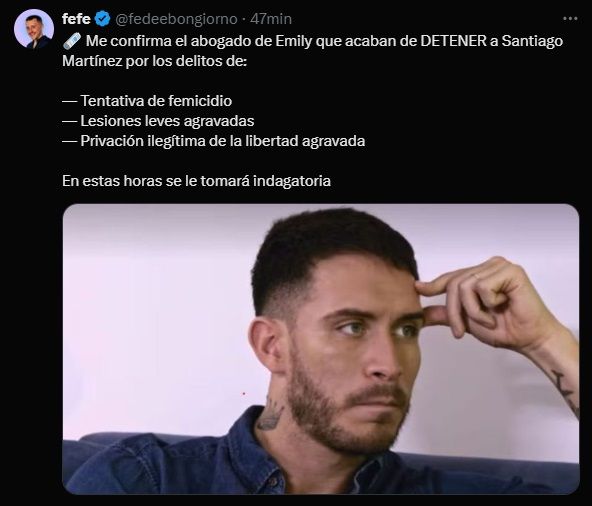 Fefe Bongiorno confirmó que Santiago Martínez fue detenido tras ser denunciado por violencia de género